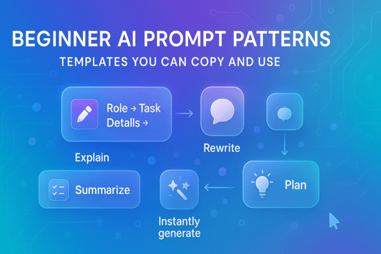 Banner titled Beginner AI Prompt Patterns with glowing prompt blocks, arrows, chat icons, and tech gradient background.