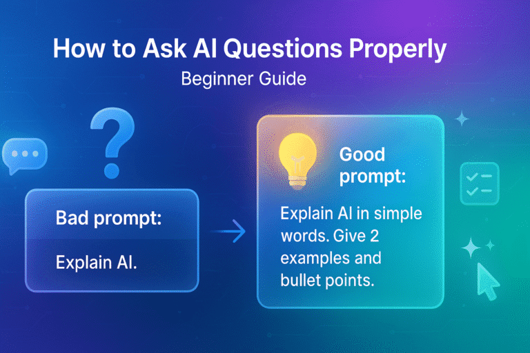 Educational banner titled How to Ask AI Questions Properly with examples of weak vs strong prompts on a colorful tech gradient background.