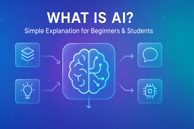 Banner titled What Is AI? Simple Explanation for Beginners and Students with glowing brain icon and educational tech symbols on a colorful gradient background.
