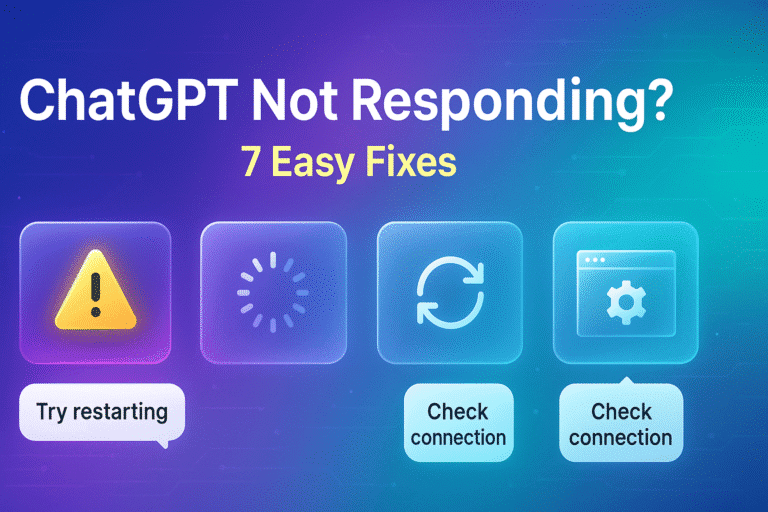 Banner titled ChatGPT Not Responding? 7 Easy Fixes with glowing warning, refresh, and loading icons on a colorful tech gradient background.