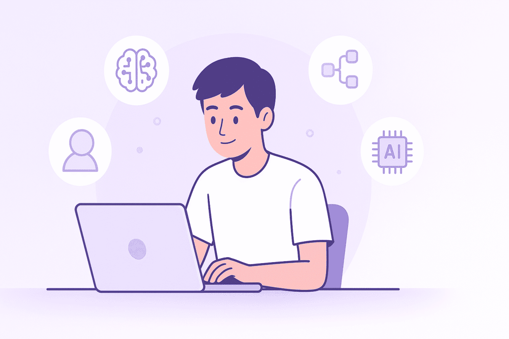 Student learning how AI works using a laptop in a simple flat illustration style