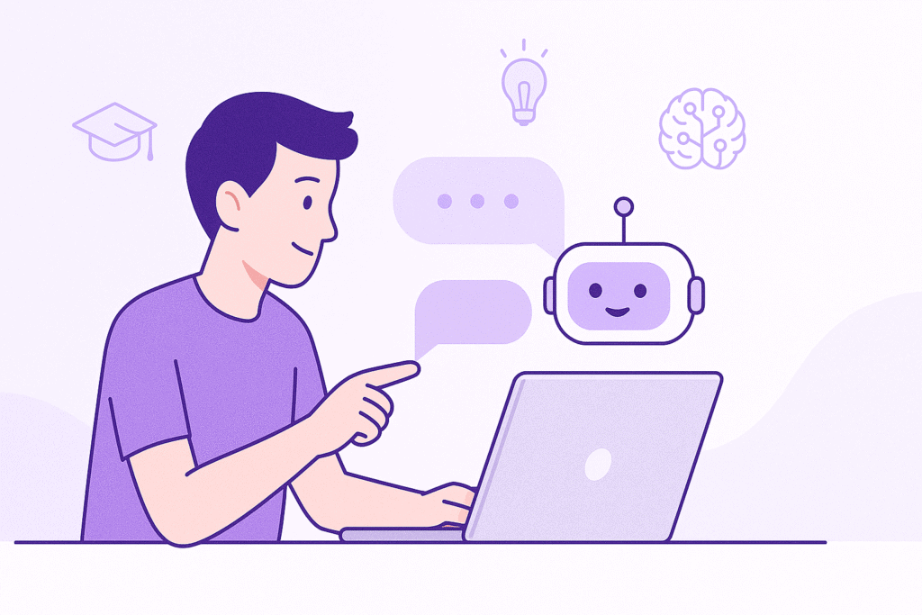 Flat illustration of a student learning to write AI prompts on a laptop