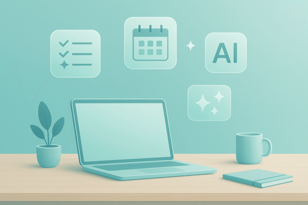 Minimal AI productivity overview showing tasks, planning icons, and clean glass-style UI elements in a soft blue-teal gradient.