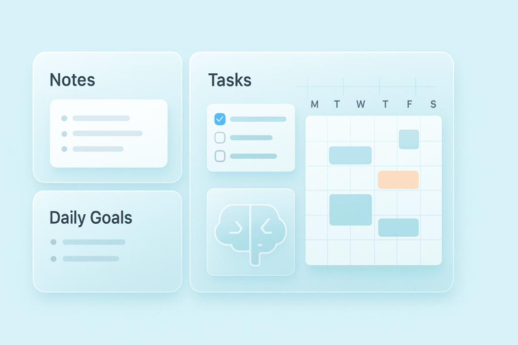Notion AI workspace visual showing organized notes, tasks, and dashboards in a clean glass UI design.