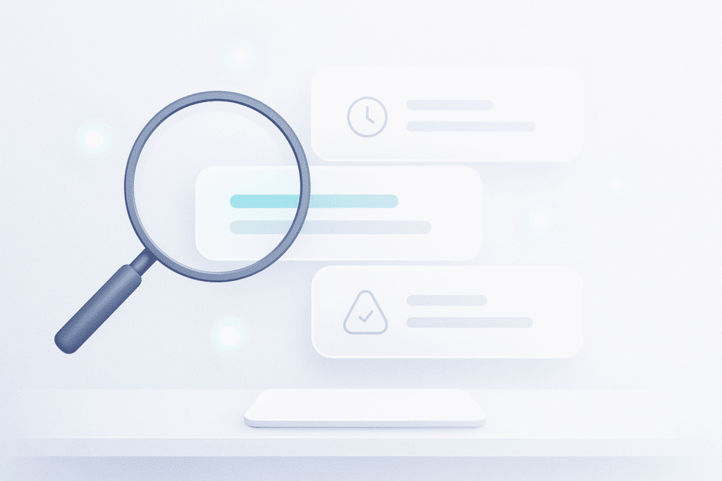 AI research assistant illustration with clean search bubbles, answer cards, and minimal tech visuals.