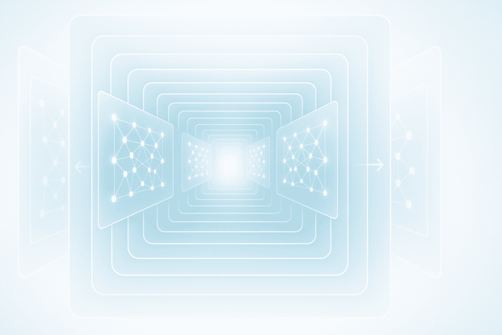“Deep learning diagram with multiple layered neural network levels to show depth of learning structure”