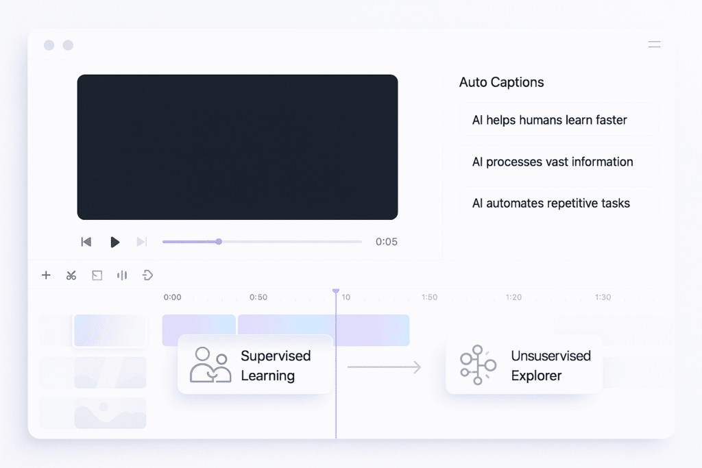 ALT: AI video editing tool interface with captions.
