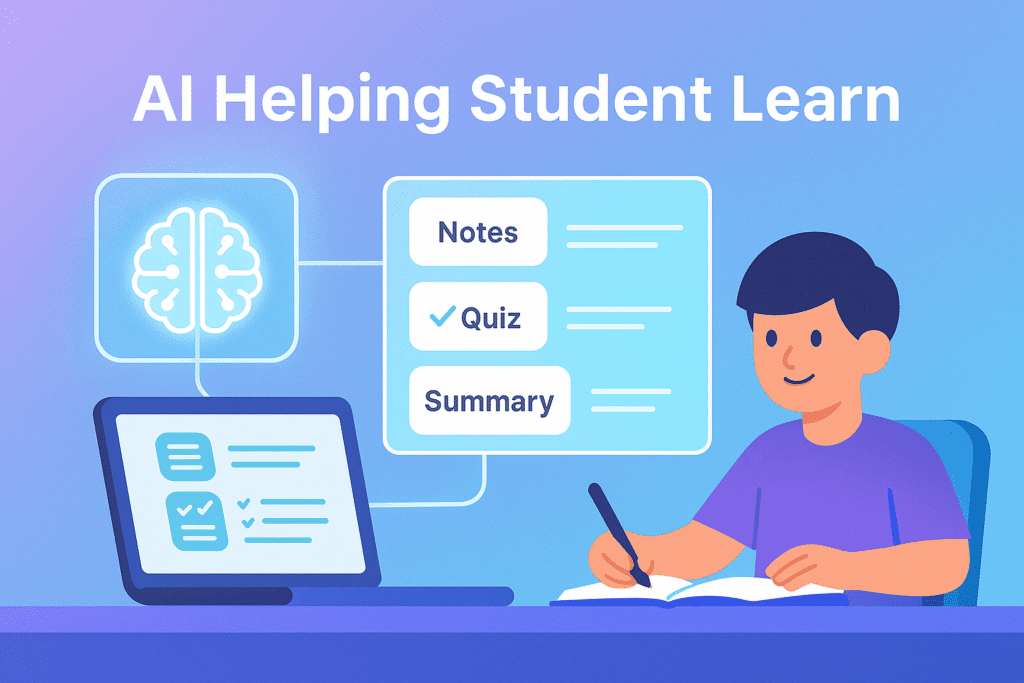 “Digital illustration showing AI helping a student study, with a glowing AI brain sending notes, quizzes, and summaries to a laptop while the student writes in a notebook.”