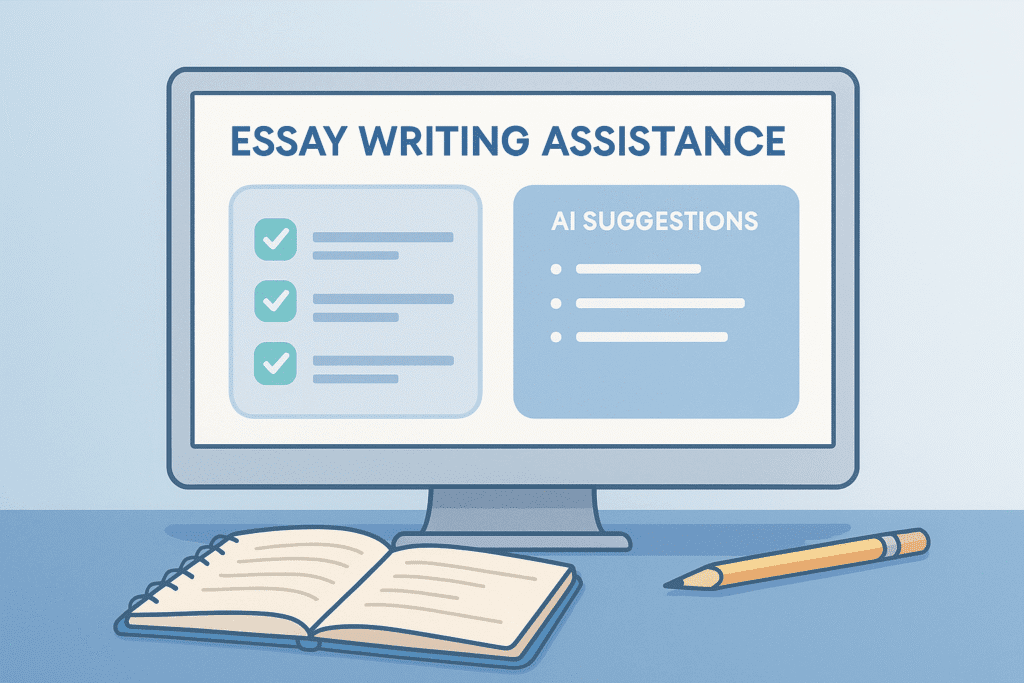 “AI-powered essay writing assistance dashboard showing a checklist with green check marks and a panel of AI suggestions, displayed on a computer screen with an open notebook and pencil on the desk.”