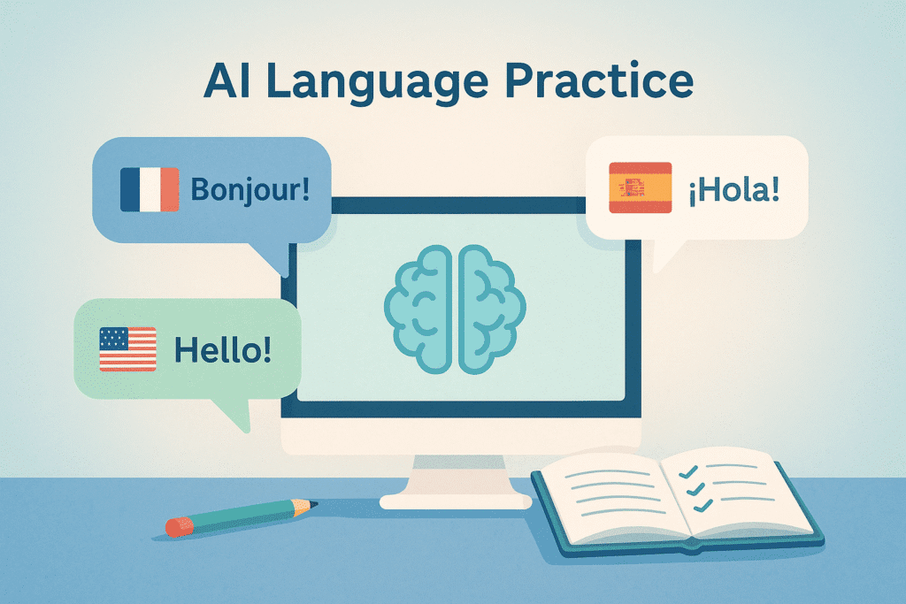 “AI language practice interface showing a computer screen with a brain icon and multiple speech bubbles saying Hello, Hola, and Bonjour.”