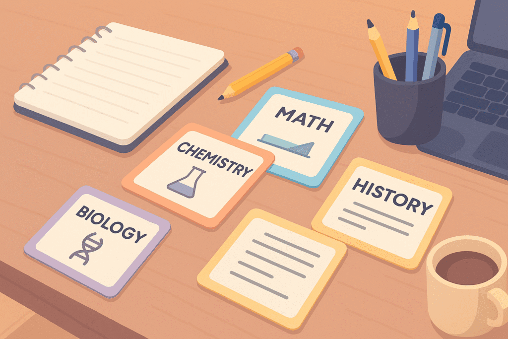 “AI-powered digital flashcards floating above a clean student study desk with notebook, pens, and soft glowing icons, 16:9.”