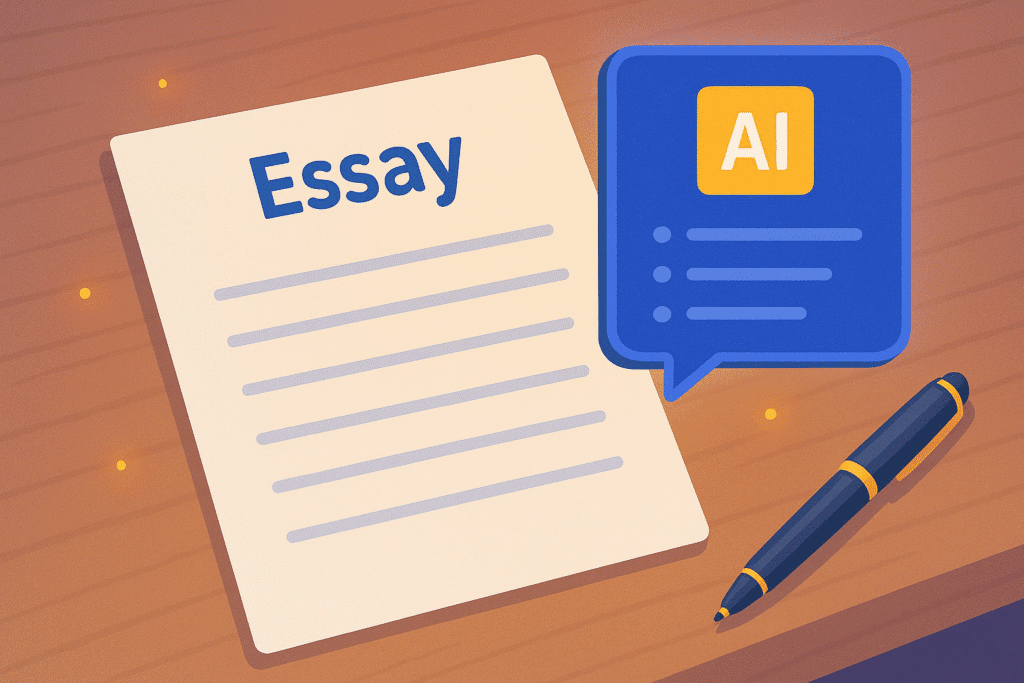 “AI-generated essay writing suggestions shown beside a checklist and a draft paper on a tidy study desk, 16:9.”