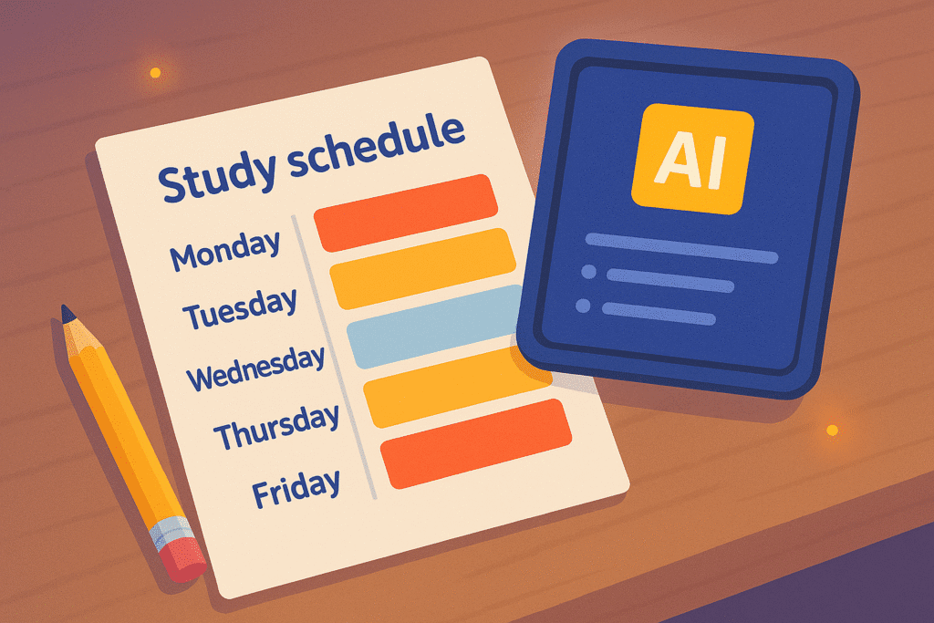 “AI-powered study schedule layout showing a digital planner with time blocks, icons for tasks, and an automated weekly plan on a pastel blue background.”