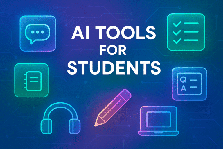 Colorful tech-education banner titled AI Tools for Students with glass icons for study tools.