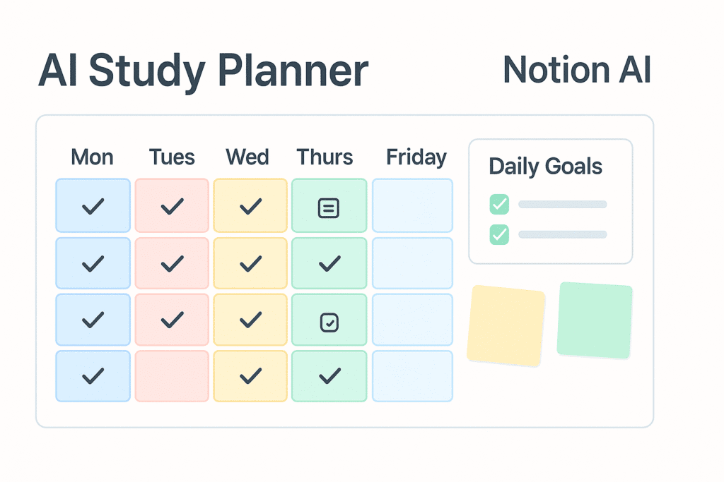 Colorful infographic showing AI as learning assistant with example prompts.