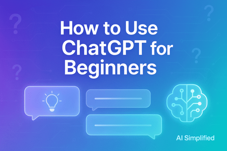 Banner titled How to Use ChatGPT for Beginners with glowing chat bubbles, AI icons, and modern gradient tech background.