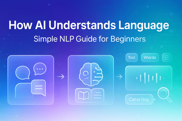 Educational banner titled How AI Understands Language: Simple NLP Guide for Beginners with glowing language icons and modern gradient tech background.