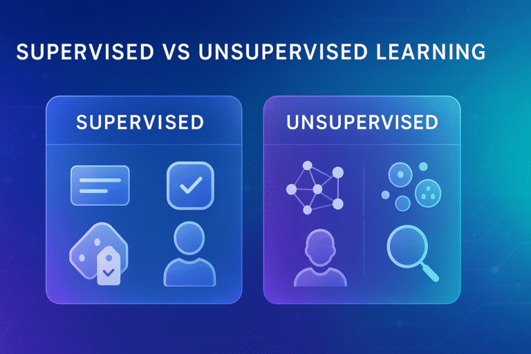 Educational banner comparing supervised vs unsupervised learning with labeled and clustered data icons on a colorful tech gradient background.