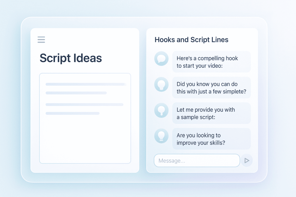 AI writing tool generating script ideas and video hooks on a clean interface.