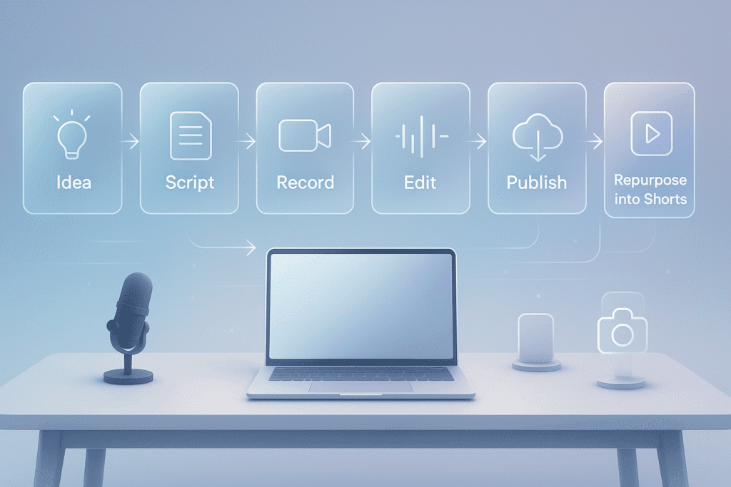 Futuristic glass panel creator workflow from idea to script, record, edit, publish, and repurpose.