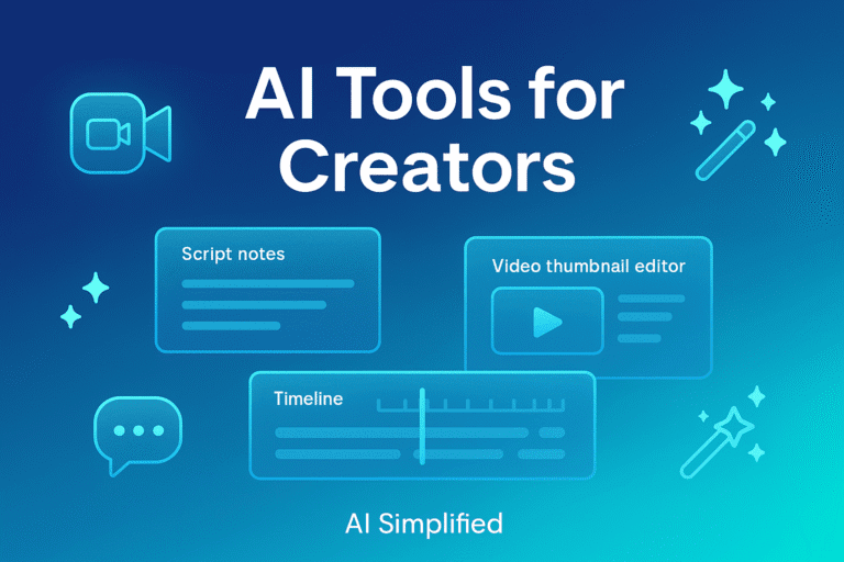 AI Tools for Creators banner with blue gradient background, floating glass UI cards for script notes, video timeline and thumbnail editor, clean modern tech style.